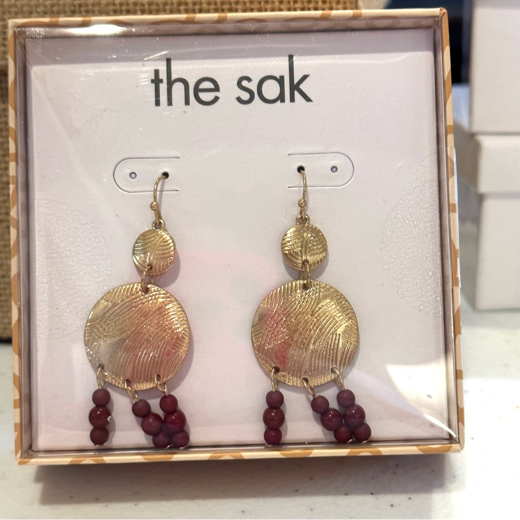 Nwt The Sak Earrings - Gold Tone Textured Circle Dangles W Dark Red Beads 20$
